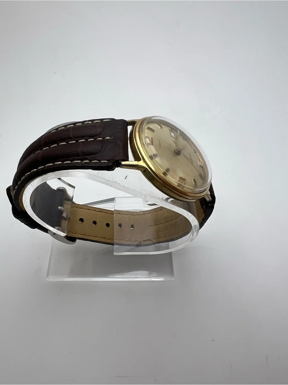 Timex Gold Dial Watch with Dark Brown Leather Strap